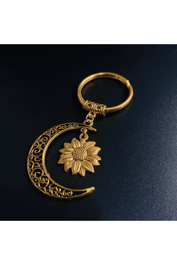 Golden Sunflower Crescent Keychain Hollow Hollow Hollow Hollow Hollow Hollow Holding Backpack Capsule Trip Key Pendant Friends Ramade Moon Gift,Gold