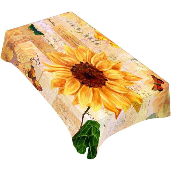 Golden Sunflower Decorative Rectangle Tablecloth Fresh Leaf Butterfly Flying Retro Polyester Table Cloths Kitchen Table Cover for Dining BBQ Picnic Coffee Table 60 x 84 Inch 6-8 Seats