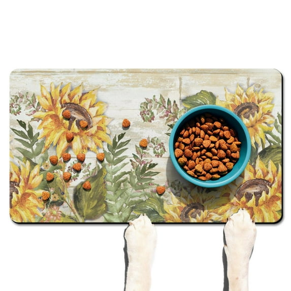 Golden Sunflower Dog Feeding Mat - Waterproof Pet Food Catcher with Floral Boho Aesthetic, Soft & Durable Surface