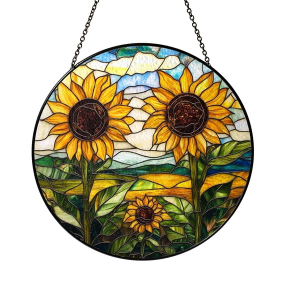 Golden Sunflower Faux Stained Glass Round Window Decor2101