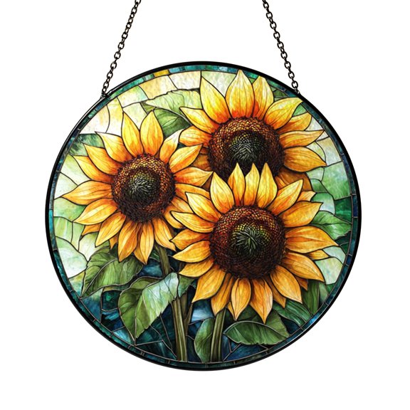 Golden Sunflower Floral Scene Stained Glass Style Window Hanging Suncatcher, Vibrant Nature Decor Gift
