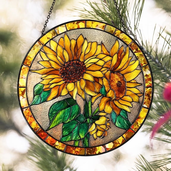 Golden Sunflower Glass Suncatcher v6, Bright Yellow Floral Art, Summer Sunshine Window Decor, 6.3 in