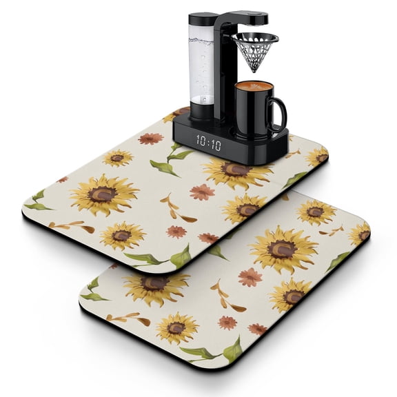 Golden Sunflower Print Dish Drying Mat, Boho Vintage Floral Coffee Bar Mat, Absorbent Yellow Bloom Kitchen Counter Mat, Rustic Farmhouse Decor