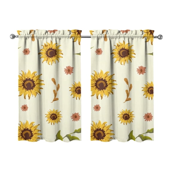 Golden Sunflower Print Rod Pocket Curtains - Rustic Country Farmhouse Tier Set of 2