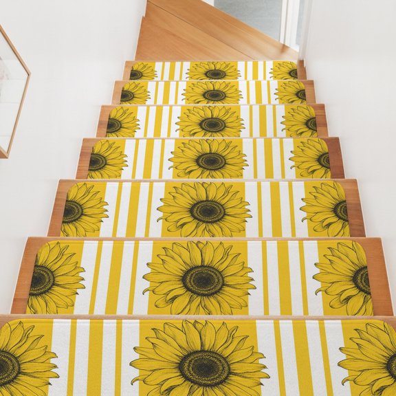 Golden Sunflower Stair Treads Non Slip for Steps Summer Vintage Black Floral Lines Minimalist 7 Pcs Reusable Adhesive Stair Runner Mats for Dogs Elders Carpet Treads Rugs for Staircase 8x30 In