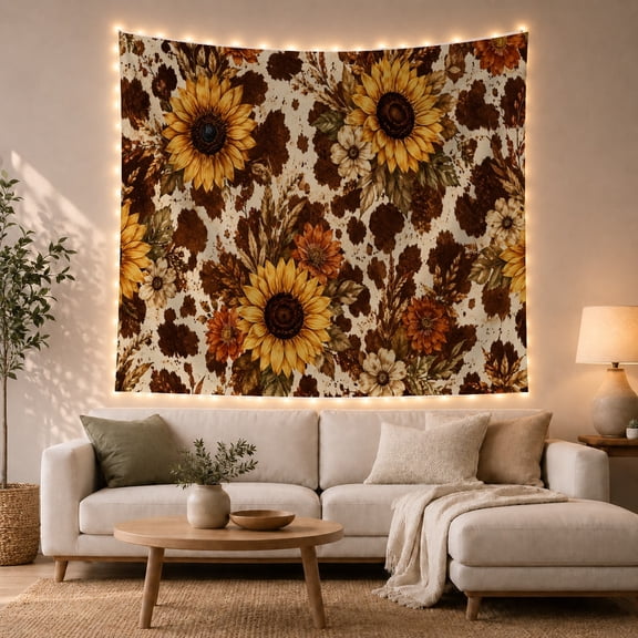 Golden Sunflowers Among White Daisies and Brown Leaves, Nostalgic Rustic for Flower Lovers, Autumn Floral Art, New Home Gift, Tapestry Wall Hanging for Bedroom and Living Room