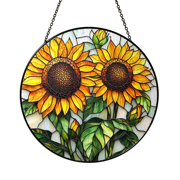 Golden Sunflowers Blooming Garden Round Stained Glass Suncatcher, Bright Nature Inspired Window Decor
