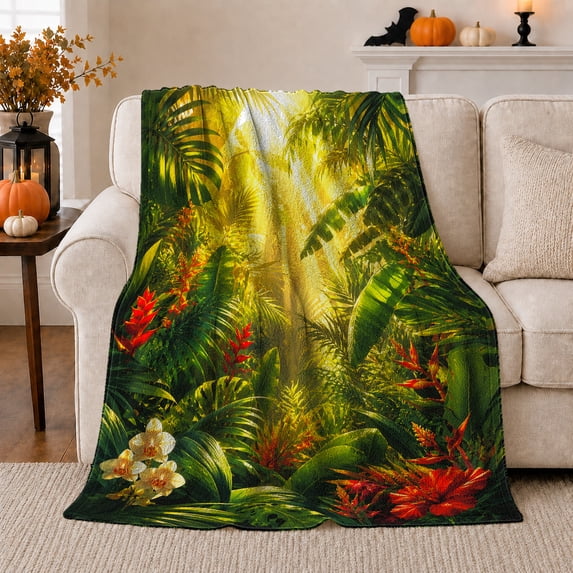 Golden Sunlit Rainforest with Red Tropical Flowers, Botanical Jungle Art for Plant Lovers, Birthday Gift, Soft Flannel Blanket for Bedroom, Fresh Tropical Home Decor