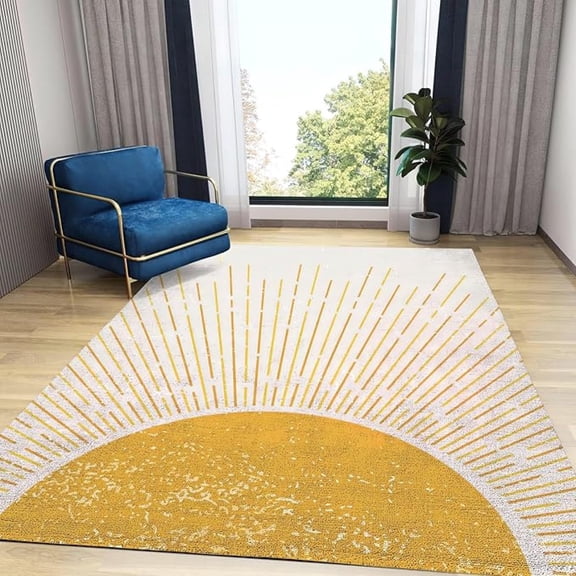 Golden Sunrise Area Rug, Abstract Medieval Sun Rays Non Slip Throw Accent Rug, Easy Care Stain Resistant Carpet For Indoor Living Room Bedroom Office Decor Mat 5x6ft