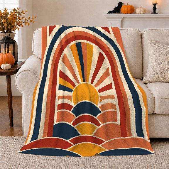 Golden Sunrise over Retro Rainbow Arches, Warm Modern Style for Sun Lovers, Boho Horizon Pattern and Housewarming Gift, Cozy Flannel Blanket for Bedroom and Living Room, Home Decor