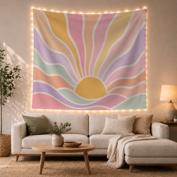Golden Sunrise under Wavy Pastel Rays, Nostalgic Boho for Art Lovers, Radiating Sun Wall Art, Housewarming Gift, Tapestry Wall Hanging for Bedroom, Living Room and Dorm