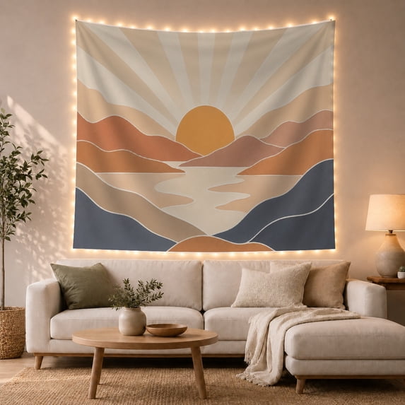 Golden Sunset Behind Mountains and River Valley, Serene Minimalist for Nature Lovers, Landscape Wall Art, Housewarming Gift, Tapestry Wall Hanging for Bedroom and Dorm