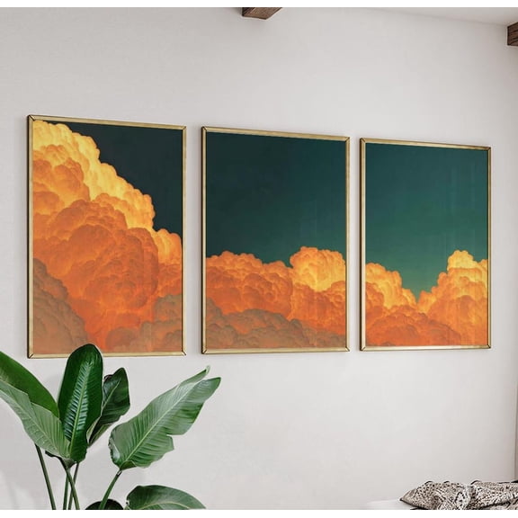 Golden Sunset Clouds Dramatic Sky Prints Set 3 Stretched Canvas 12x18