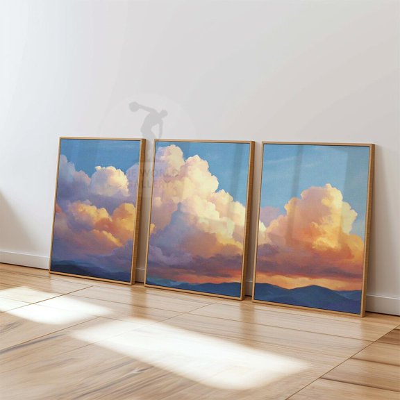 Golden Sunset Clouds Serene Mountain Horizon Warm Wall Art Set 3 Stretched Canvas 16x24