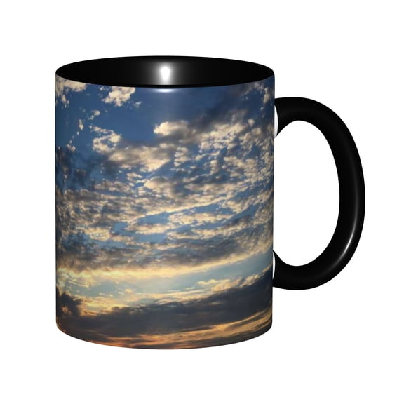 Golden Sunset Glow Scattered Textured White & Grey Clouds Deep Blue Dusk Sky Rural Horizon Landscape Ceramic Mug 11oz, Soft Warm Twilight Cloudscape Photo Cup, Microwave Safe Gift for Sky & Sunset