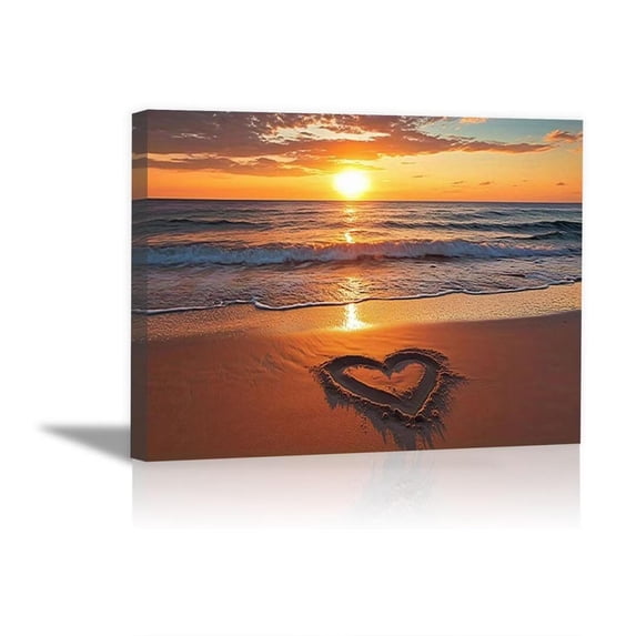 Golden Sunset Heart Shape Sand Beach Framed Canvas Wall Art Posters for Apartment Hallway Bedroom Decor, Ready to Hang12"L x 8"W