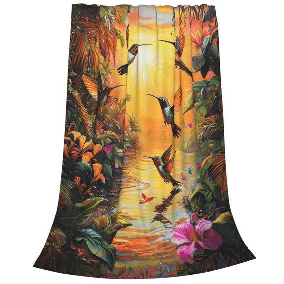 Golden Sunset Hummingbird Flannel Throw Blanket, Soft, Warm, Durable Tropical Blanket, for Bed, Couch & Travel, Machine Washable 50x40in, Warm River & Birds