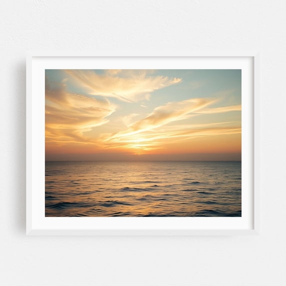 Golden Sunset Kisses the Ocean's Gentle Embrace - Digital Art Sunset Ocean Seascape Waves Coast Scenic Nature White Framed Wall Art Print 11 x 14 inches