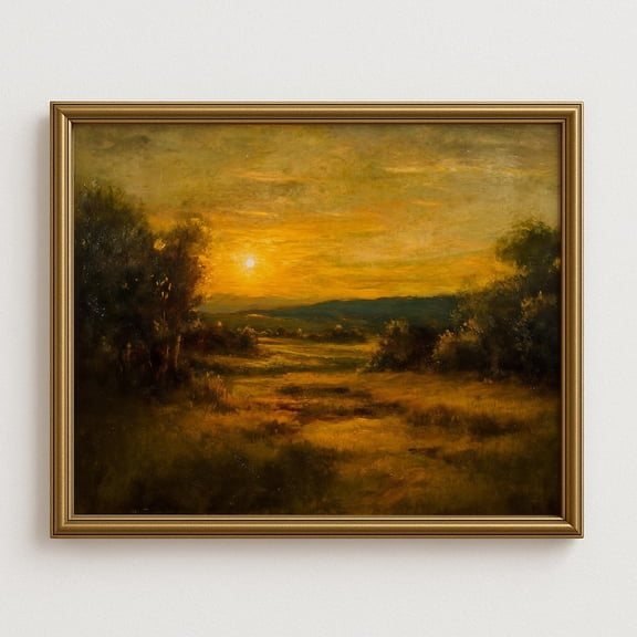 Golden Sunset Landscape Wall Art Print, Rustic Countryside, Warm Nature Sunset Artwork, Moody Summer Evening Field Home Decor Home Decor #1098, Stretched Canvas Size 16x24