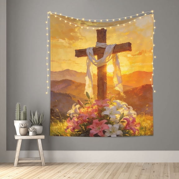 Golden Sunset Mountain Cross Christ Jesus Tapestry Indian Wall Hanging Tapestries Room Decor for Bedroom Living Room Dorm 60X50inch