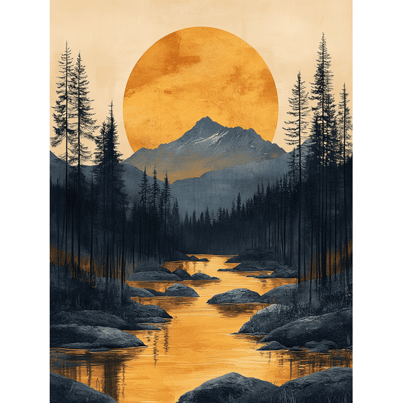 Golden Sunset Mountain River Landscape Canvas Wall Art Perfect for Living Room Dining Room and Hallway Decoration.