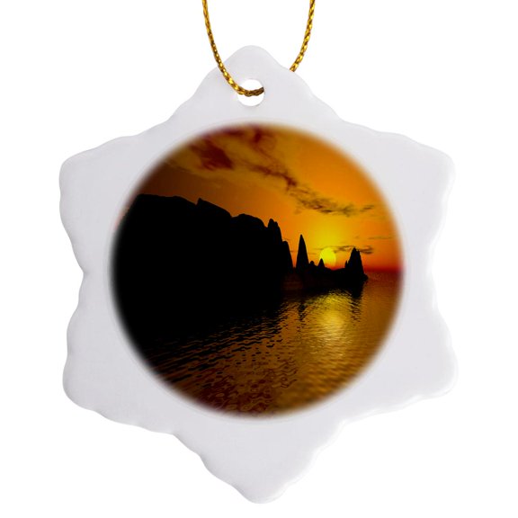 3drose, Golden Sunset on the Ocean, 3d, 3 inch Snowflake Porcelain Ornament