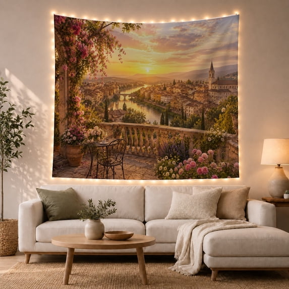 Golden Sunset River City with Flower-Filled Stone Terrace Romantic Vintage for Art Lovers European Cafe Decor Housewarming Gift Tapestry Wall Hanging for Living Room and Bedroom