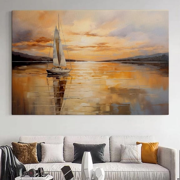 Golden Sunset Sailboat Art Abstract Seascape Home Decor, 8x12 UNFRAMED
