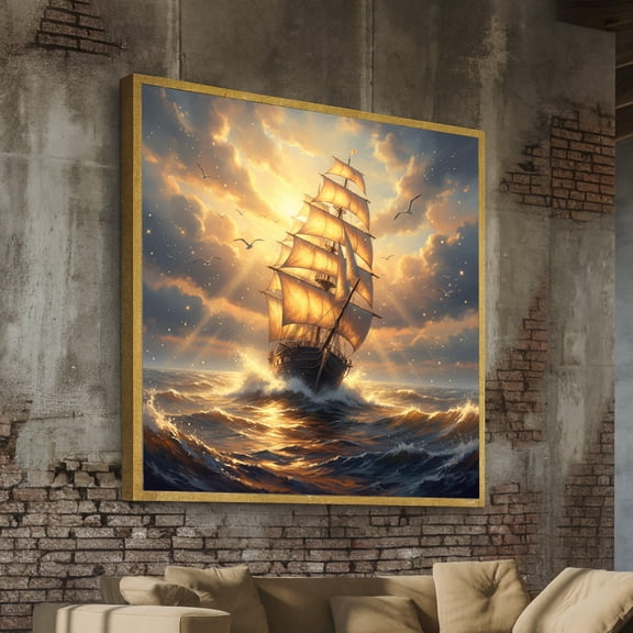 Golden Sunset Sailing Ship, Ocean Waves Wall Art, Seascape Decoration, Nautical Home Decor, Birds At Sea Print UNFRAMED Poster, Wall Art for Decor, Present, 8x12