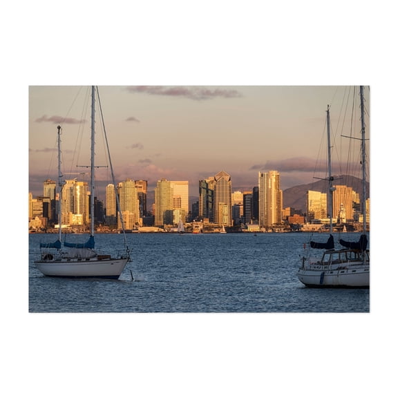 Golden Sunset Skyline - San Diego California Photography Cityscape Harbor Skyline Sunset Boat Architecture Unframed Wall Art Print 32 x 48 inches