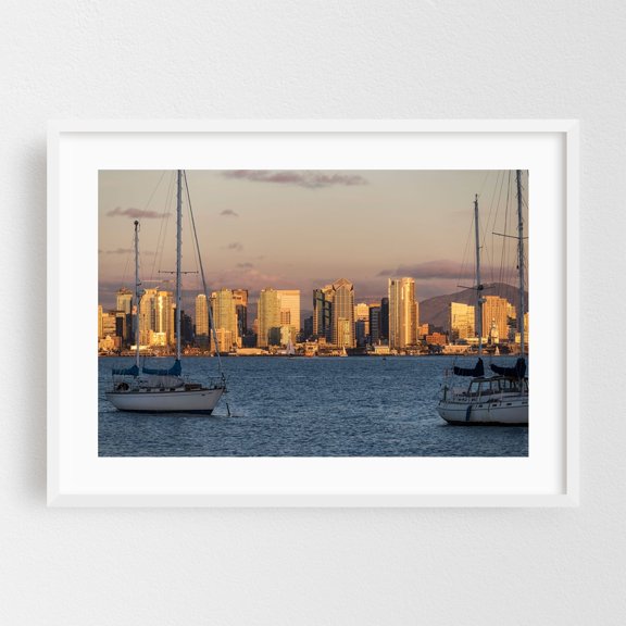 Golden Sunset Skyline - San Diego California Photography Cityscape Harbor Skyline Sunset Boat Architecture White Framed Wall Art Print 5 x 7 inches