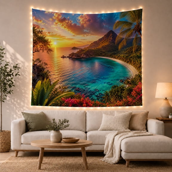 Golden Sunset Over Turquoise Bay with Green Mountains, Dreamy Coastal Art for Beach Lovers, Serene Scenic Wall Decor, Housewarming Gift, Tapestry Wall Hanging for Living Room and Bedroom