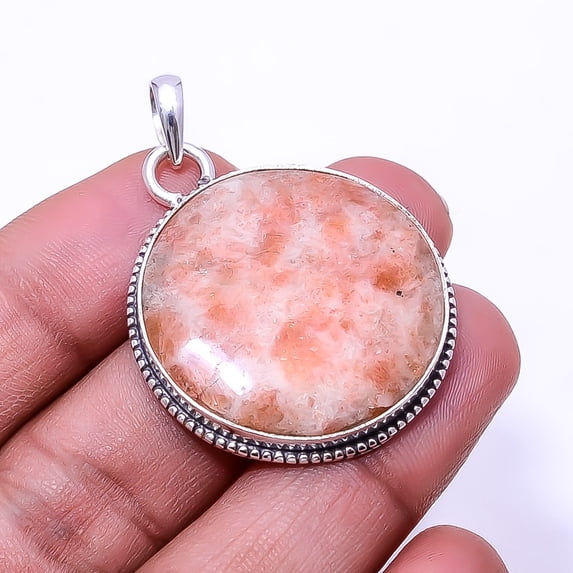 Golden Sunstone -Madagascar 925 Silver Plated Bali Pendant 1.56", Orange Golden Sunstone Pendant P_8032_327_7