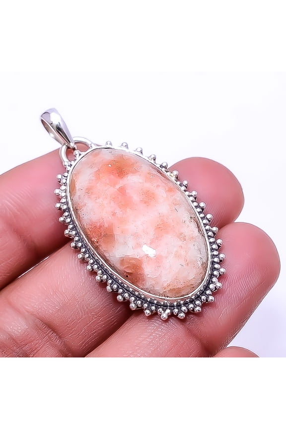 Golden Sunstone -Madagascar 925 Silver Plated Bali Pendant 1.95", Orange Golden Sunstone Pendant P_8001_322_23