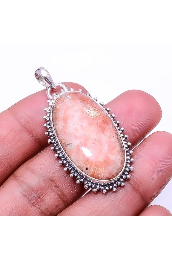 Golden Sunstone -Madagascar 925 Silver Plated Bali Pendant 1.95", Orange Golden Sunstone Pendant P_8001_322_47