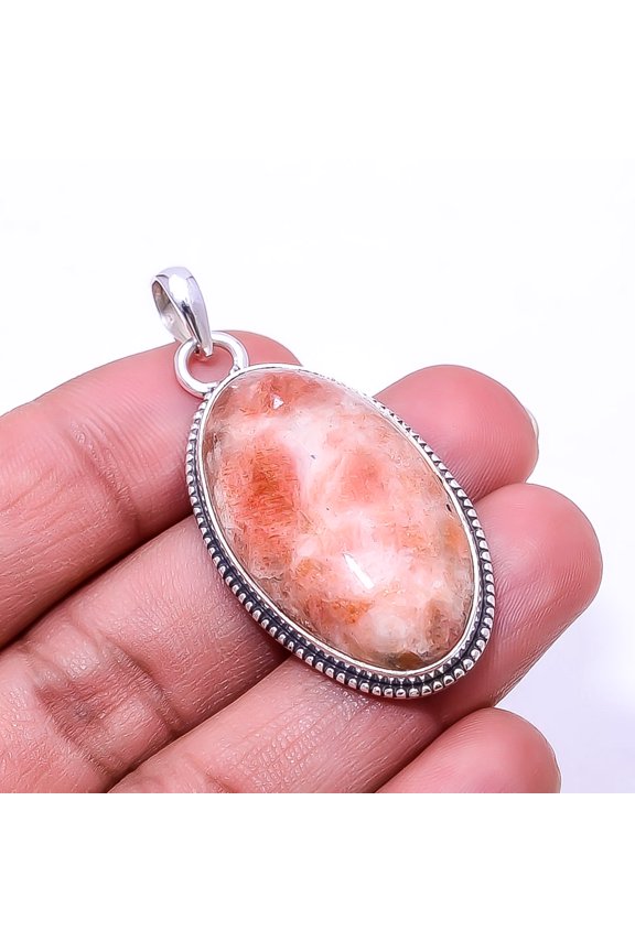 Golden Sunstone -Madagascar 925 Silver Plated Bali Pendant 1.95", Orange Golden Sunstone Pendant P_8032_327_28