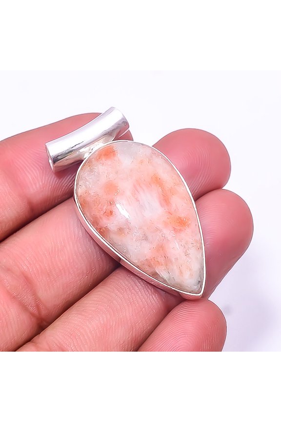 Golden Sunstone -Madagascar 925 Sterling Silver Pendant 1.64", Orange Golden Sunstone Pendant P_7997_323_40