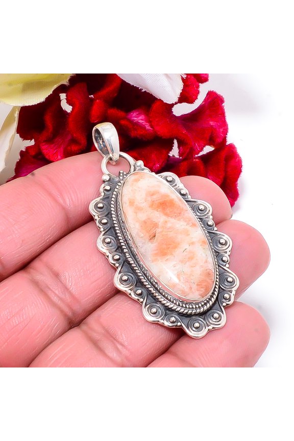 Golden Sunstone - Madagascar Gemstone 925 Sterling Silver Bali Pendant 2.18 Sku28, Orange Pendant, Natural Gemstone Pendant