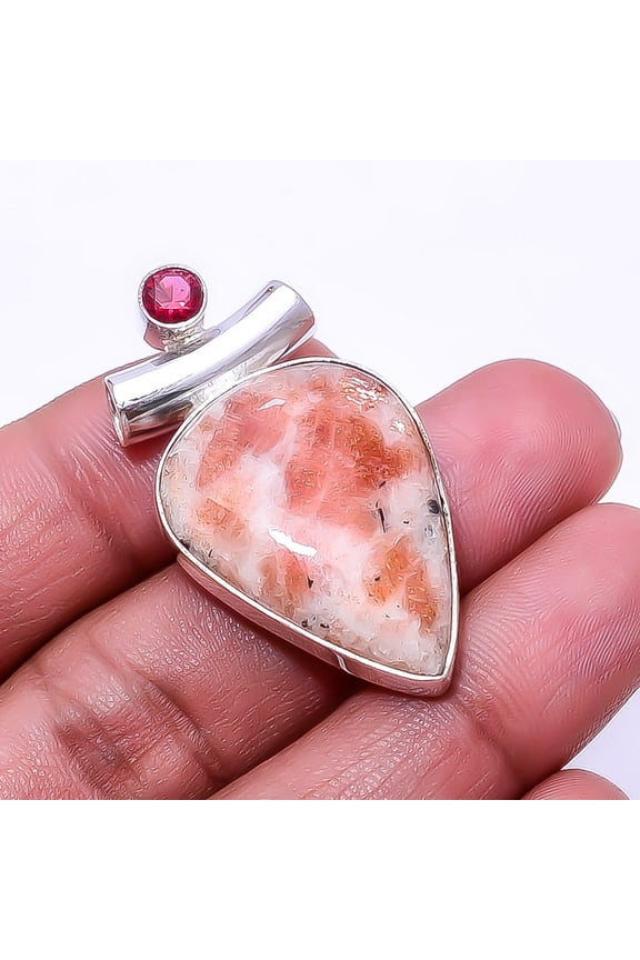 Golden Sunstone -Madagascar & Pink Rubellite Tourmaline 925 Sterling Silver Pendant 1.64", Orange Golden Sunstone Pendant P_8005_326_15, New Year Sale
