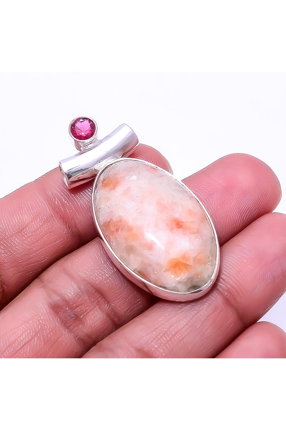 Golden Sunstone -Madagascar & Pink Rubellite Tourmaline 925 Sterling Silver Pendant 1.64", Orange Golden Sunstone Pendant P_8005_326_16