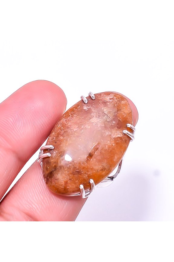 Golden Sunstone -Madagascar Solitaire Gemstone Handmade 925 Sterling Silver Ring s.9, Orange Golden Sunstone Ring R_8024_295_78