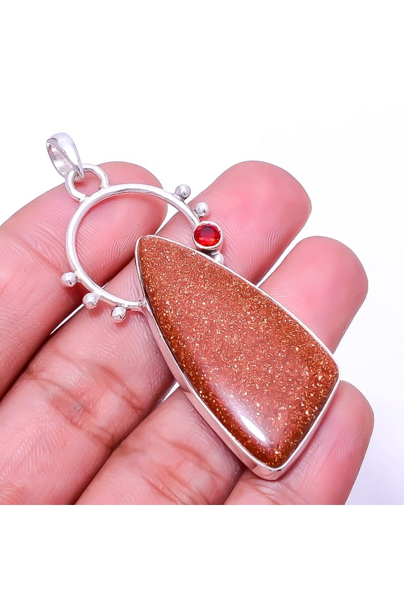 Golden Sunstone & Red Garnet 925 Sterling Silver Pendant 2.42" P_9386_155_29