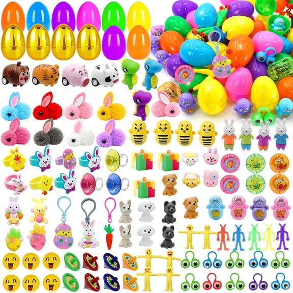 [Golden Surprise Eggs] 100 PCS Prefilled Easter Eggs with Assorted Toys Inside, Plastic Easter Eggs Fillers with Toys for Kid Toddler Boys Girls Easter Basket Stuffers Party Favors