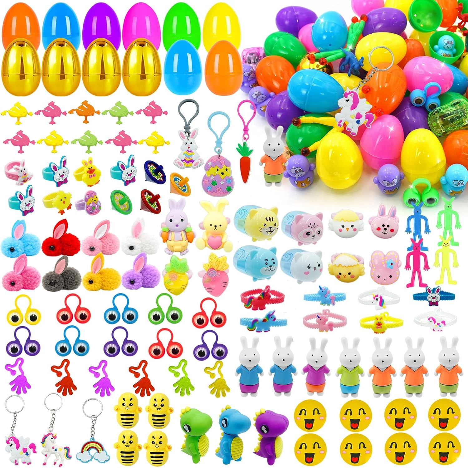 [Golden Surprise Eggs] 100 PCS Prefilled Easter Eggs with Assorted Toys Inside, Plastic Easter Eggs Fillers with Toys for Kid Toddler Boys Girls Easter Basket Stuffers Party Favors