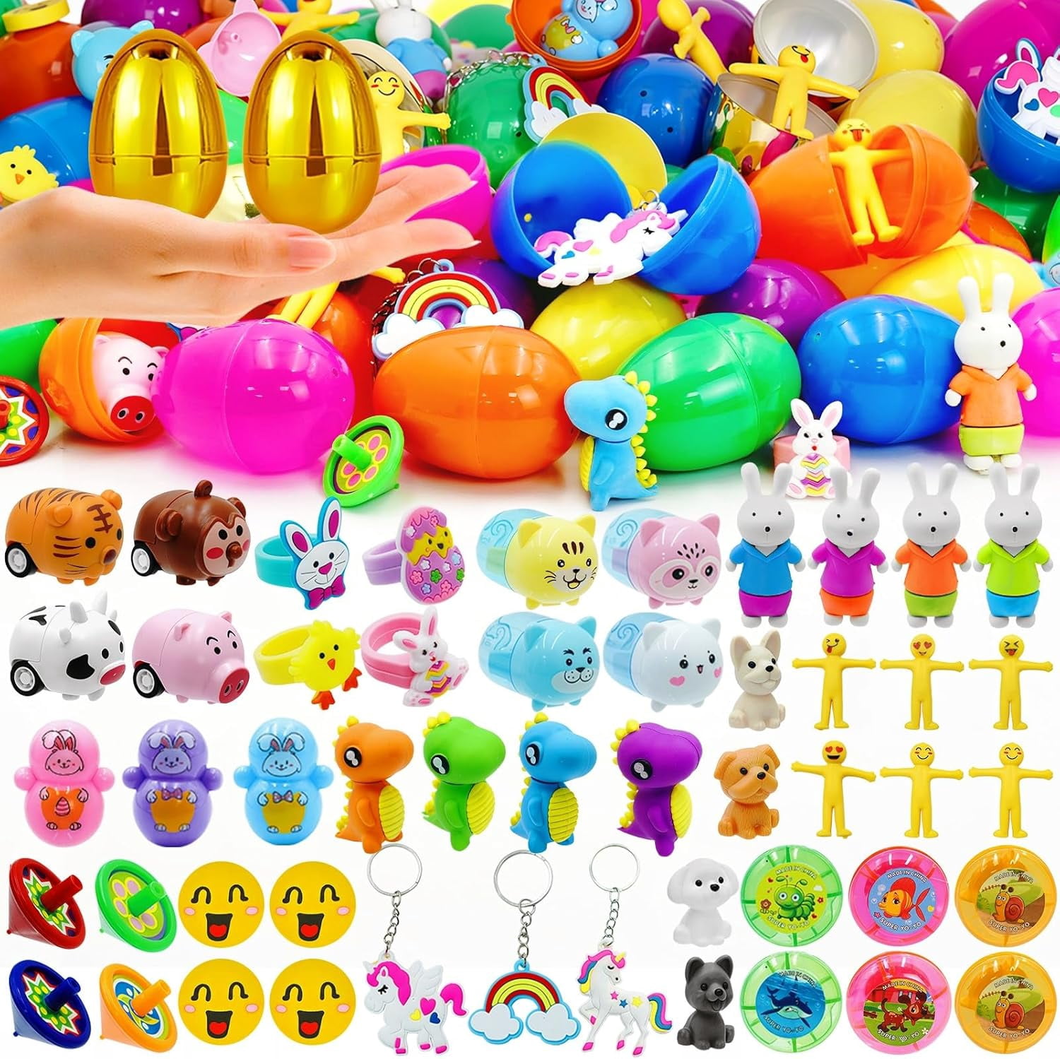 [Golden Surprise Eggs] 100 PCS Prefilled Easter Eggs with Assorted Toys Inside, Plastic Easter Eggs Fillers with Toys for Kid Toddler Boys Girls Easter Basket Stuffers Party Favors