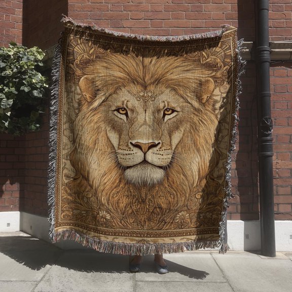 Golden Tan Lion Portrait Woven Blanket, 100% Cotton, Ornate Botanical Style for Living Room Decor