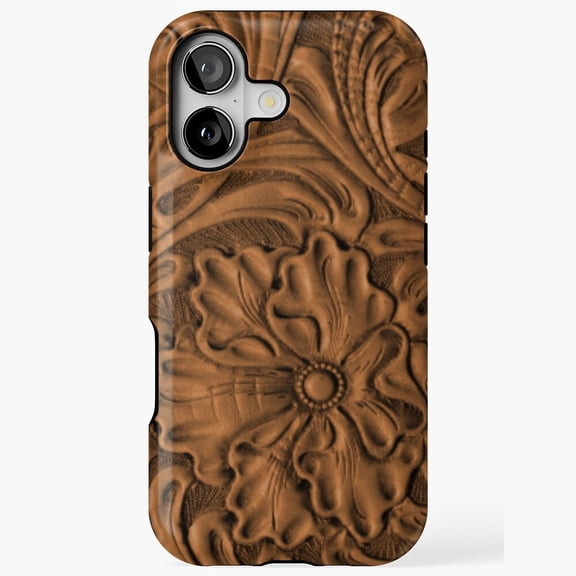 Golden Tanned Tooled Leather Retro Western Pattern H708Protective Case for iPhone 17 16 15 14 13 12 11 Pro Max – Modern Unisex Style