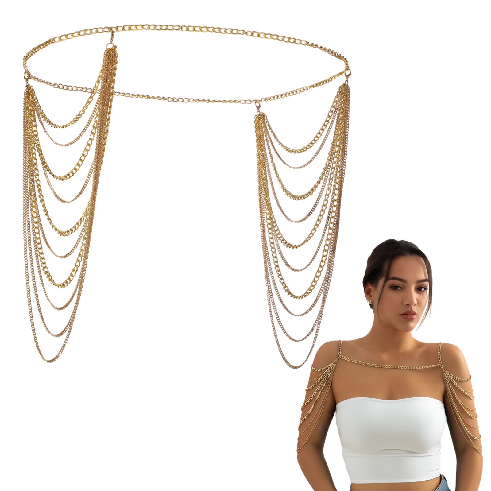Doube Golden Tassel Body Chain for Women, Layered Shoulder Chain Jewelry, Adjustable Shawl Necklace, Perfect for Weddings, Parties, and Fashion Accessories,, image size:1600x1600