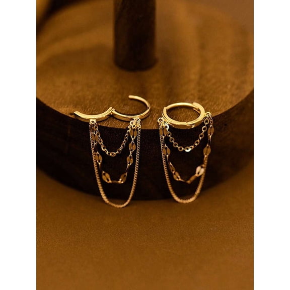 Golden Tassel Earrings - These are gold multi-layer chain design ear cuffs and ear drops with a light and mature style, combining sophistication and versatility