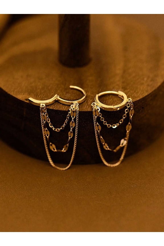 Golden Tassel Earrings - These are gold multi-layer chain design ear cuffs and ear drops with a light and mature style, combining sophistication and versatility